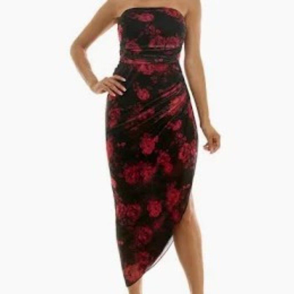 Emerald Sundae Strapless Red Black Floral Mesh Midi Dress XS Asymmetrical Hem